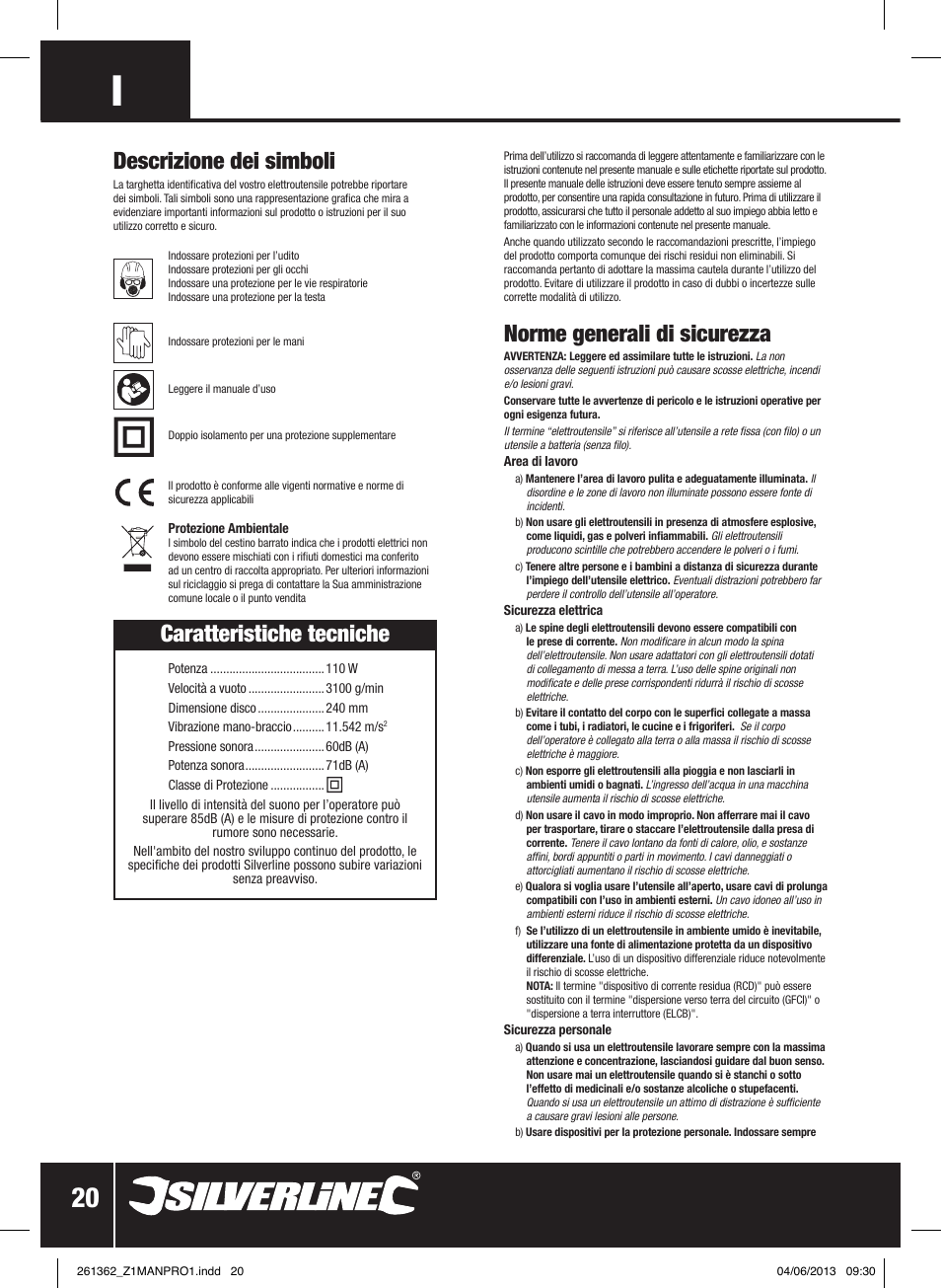 Caratteristiche tecniche, Norme generali di sicurezza, Descrizione dei simboli | Silverline 110W Orbital Car Polisher User Manual | Page 21 / 28