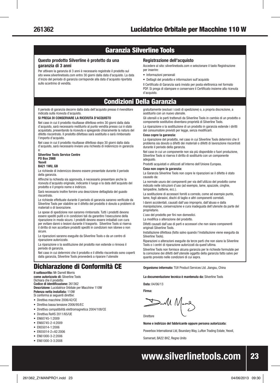 Dichiarazione di conformità ce | Silverline 110W Orbital Car Polisher User Manual | Page 24 / 28