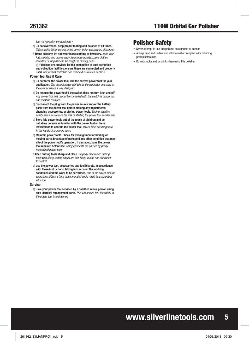 110w orbital car polisher polisher safety | Silverline 110W Orbital Car Polisher User Manual | Page 6 / 28