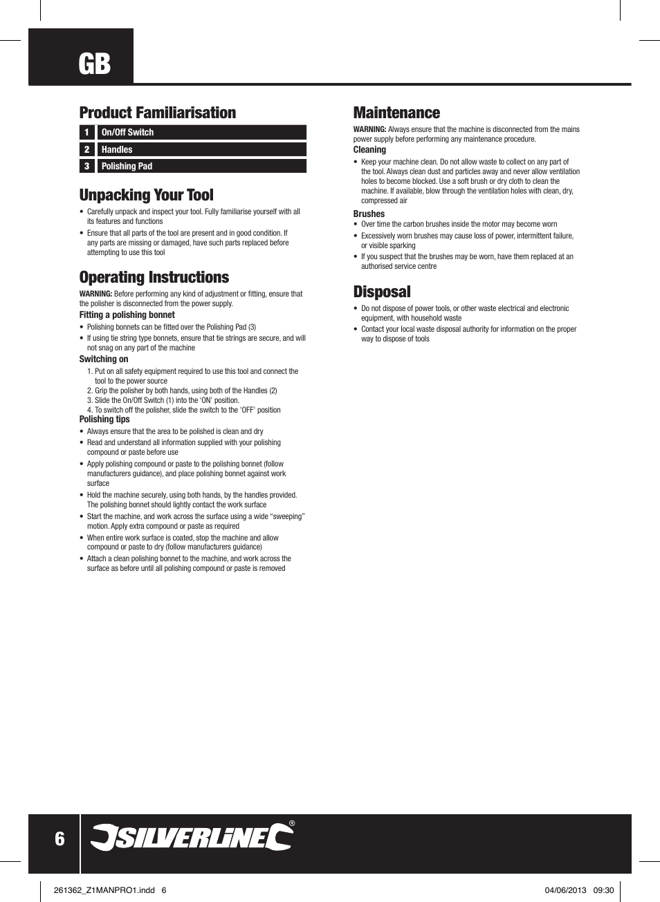 Unpacking your tool, Operating instructions, Maintenance | Disposal, Product familiarisation | Silverline 110W Orbital Car Polisher User Manual | Page 7 / 28
