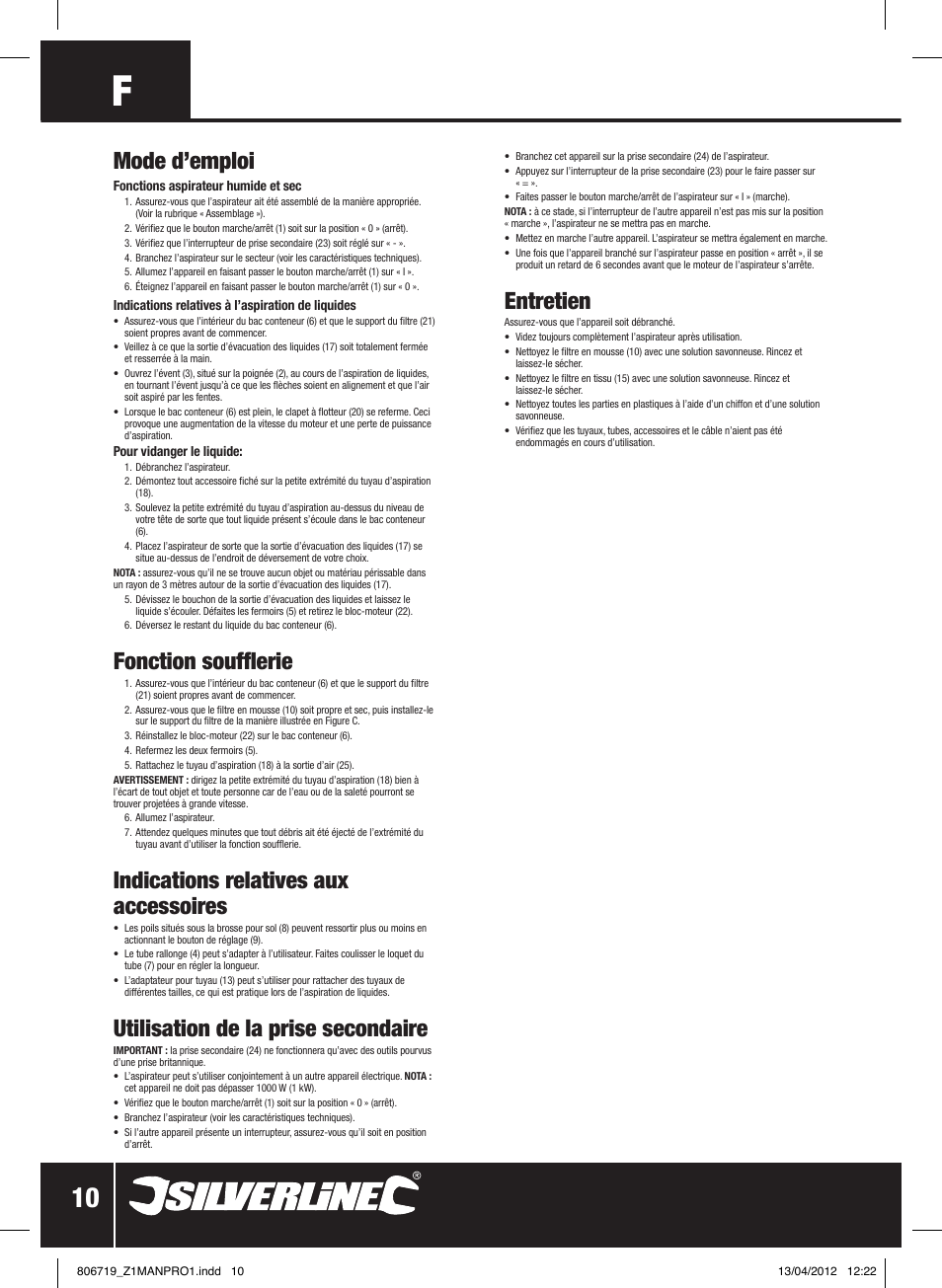 Entretien, Mode d’emploi, Fonction soufflerie | Indications relatives aux accessoires, Utilisation de la prise secondaire | Silverline 1500W Wet & Dry Vacuum Cleaner 30Ltr User Manual | Page 11 / 28