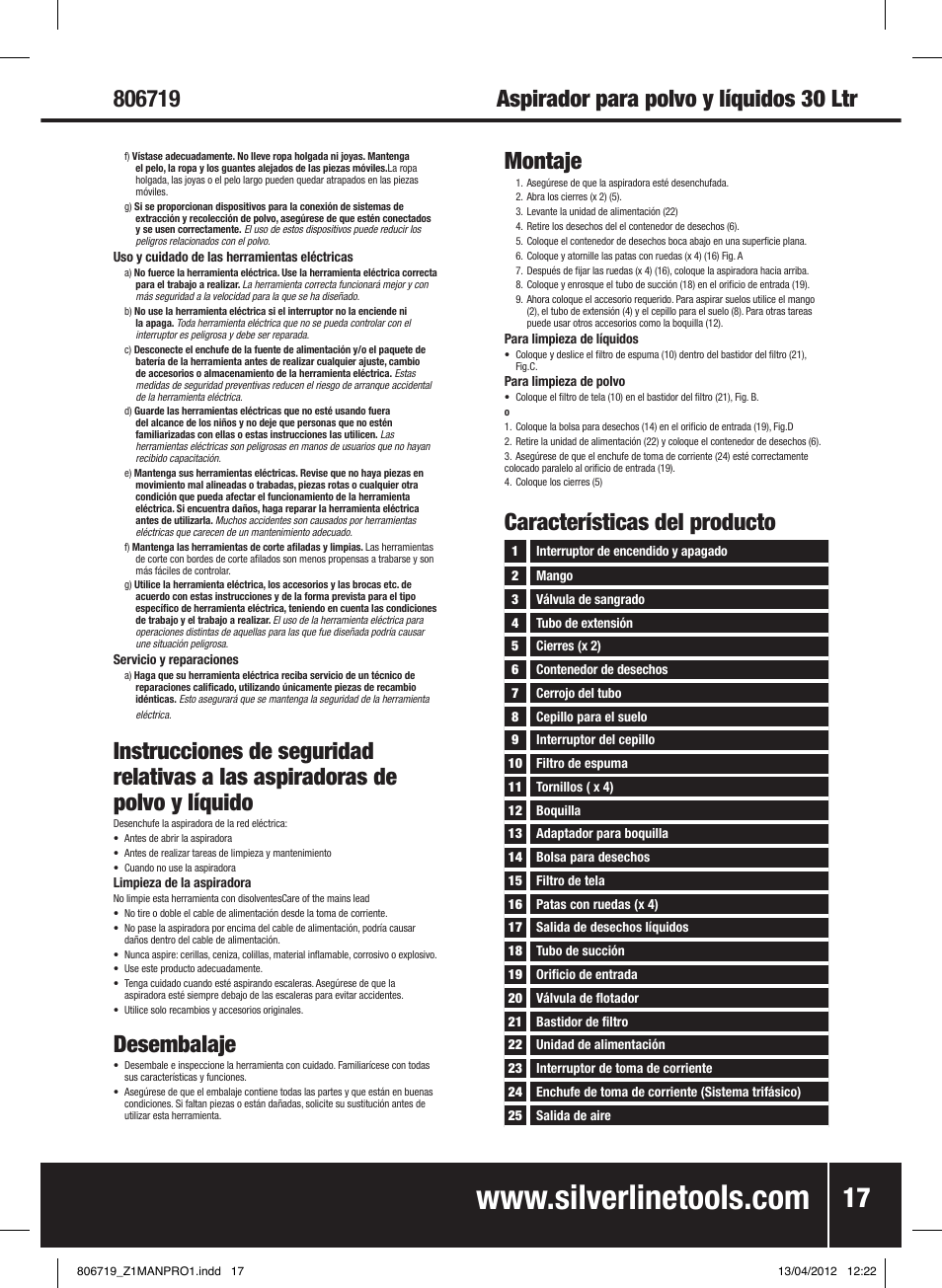 Montaje, Desembalaje, Características del producto | Silverline 1500W Wet & Dry Vacuum Cleaner 30Ltr User Manual | Page 18 / 28