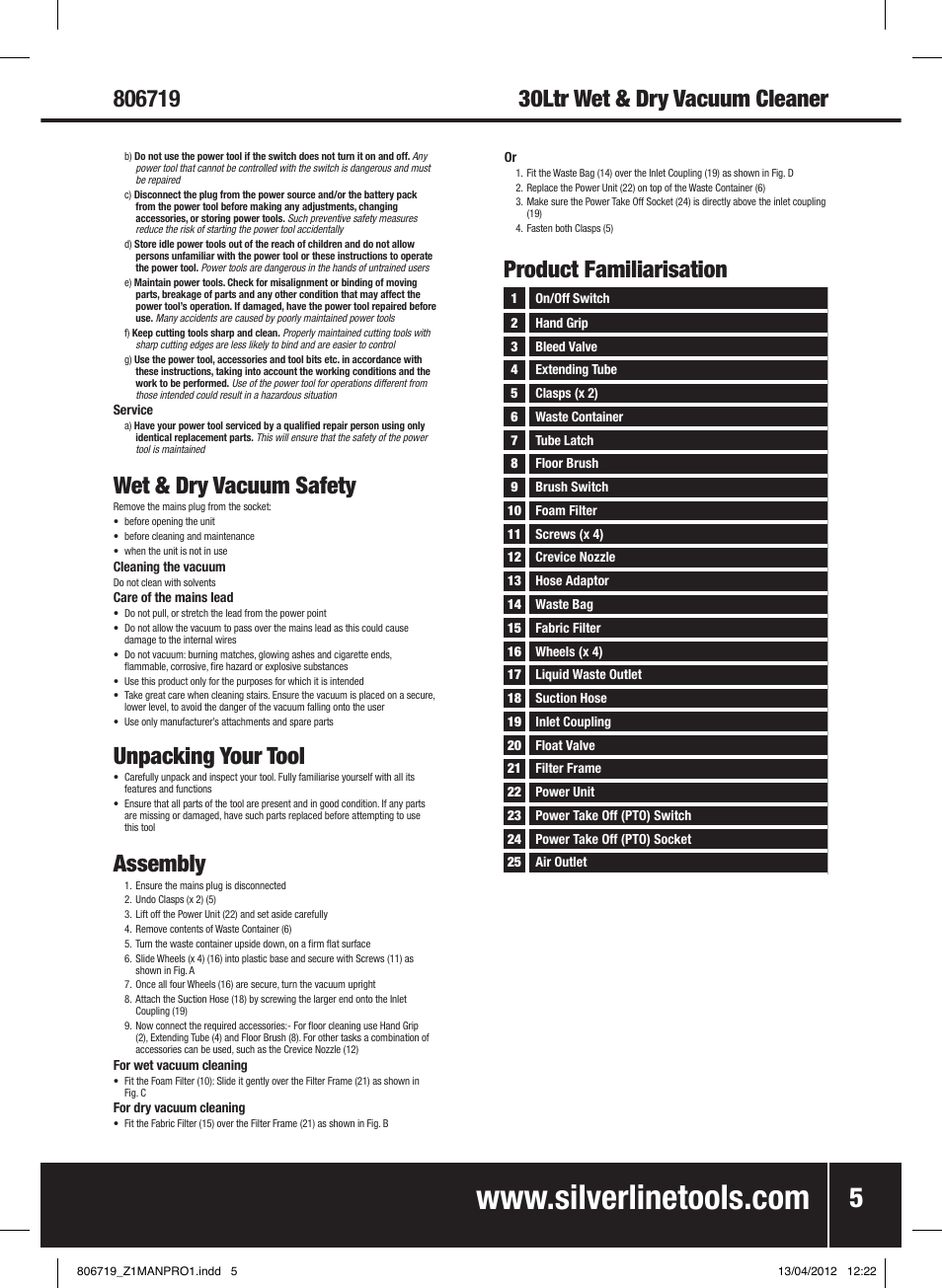 Wet & dry vacuum safety, Unpacking your tool, Assembly | Product familiarisation | Silverline 1500W Wet & Dry Vacuum Cleaner 30Ltr User Manual | Page 6 / 28