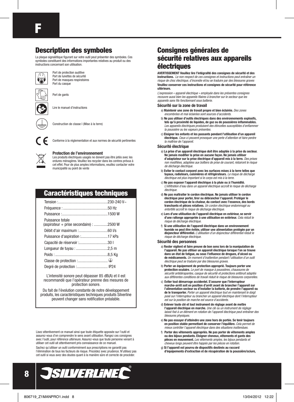 Caractéristiques techniques, Description des symboles | Silverline 1500W Wet & Dry Vacuum Cleaner 30Ltr User Manual | Page 9 / 28