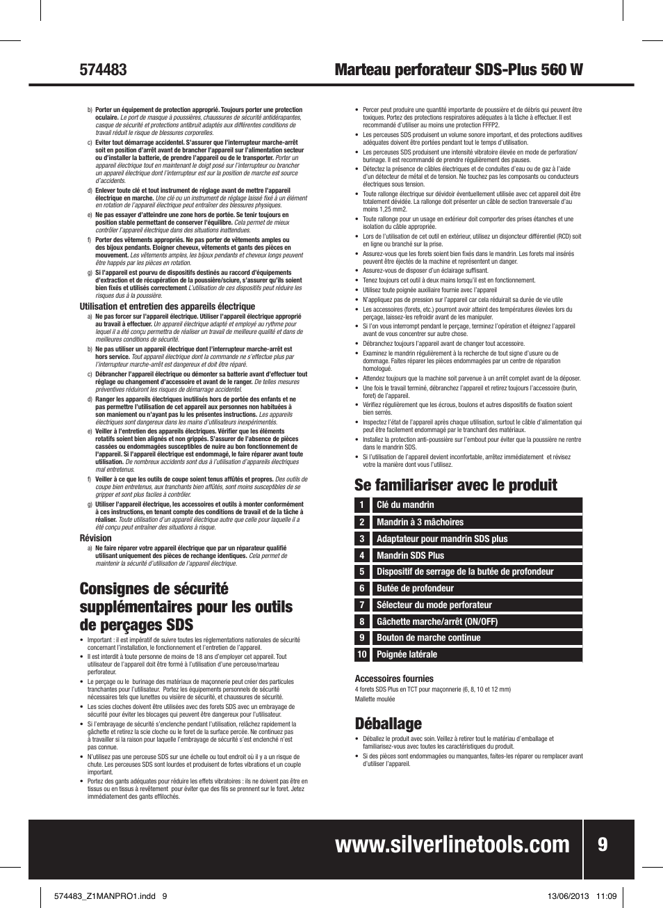 Déballage, Se familiariser avec le produit | Silverline SDS Plus Hammer Drill 560W User Manual | Page 10 / 28