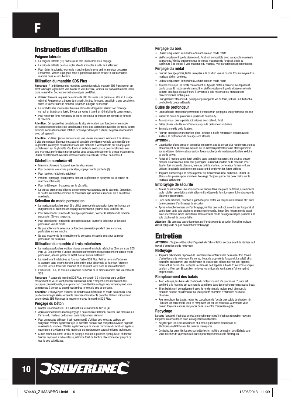 Instructions d’utilisation, Entretien | Silverline SDS Plus Hammer Drill 560W User Manual | Page 11 / 28