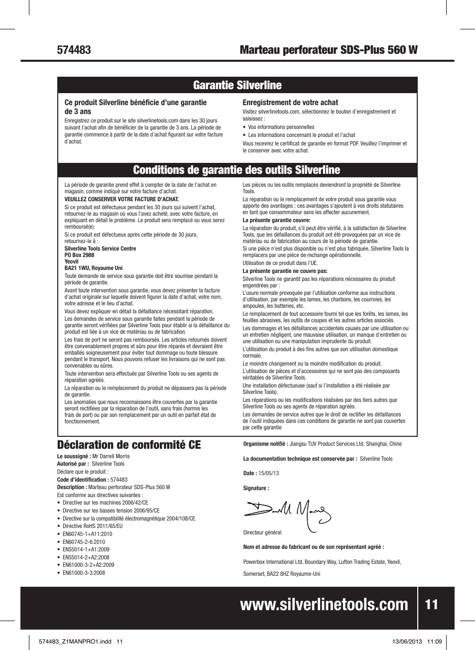 Déclaration de conformité ce | Silverline SDS Plus Hammer Drill 560W User Manual | Page 12 / 28