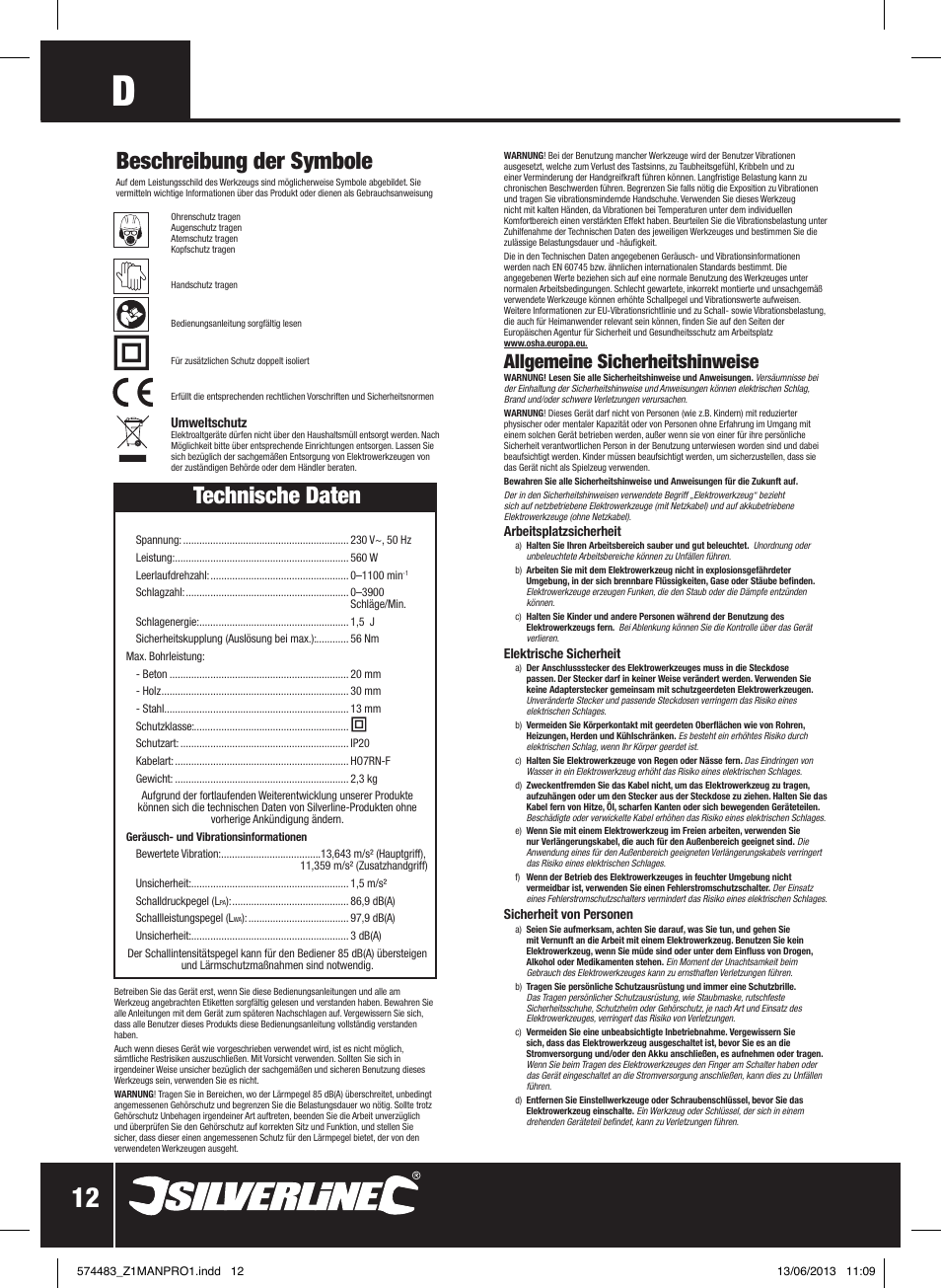 Beschreibung der symbole, Technische daten, Allgemeine sicherheitshinweise | Silverline SDS Plus Hammer Drill 560W User Manual | Page 13 / 28