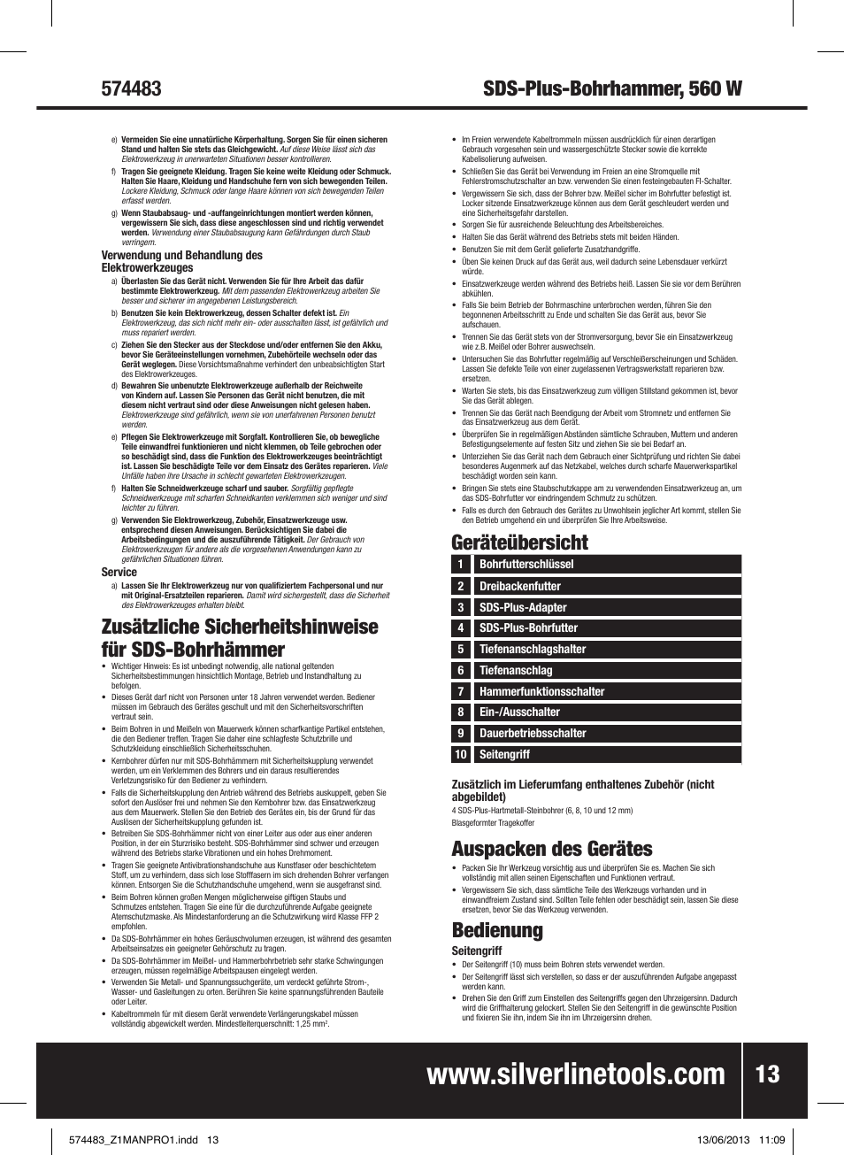 Zusätzliche sicherheitshinweise für sds-bohrhämmer, Geräteübersicht, Auspacken des gerätes | Bedienung | Silverline SDS Plus Hammer Drill 560W User Manual | Page 14 / 28