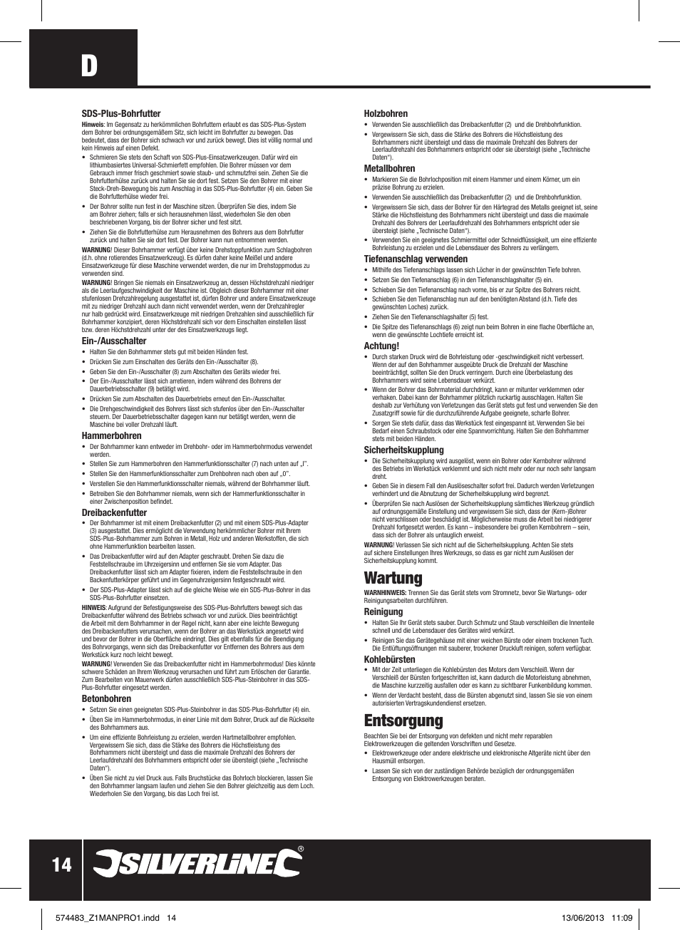 Wartung, Entsorgung | Silverline SDS Plus Hammer Drill 560W User Manual | Page 15 / 28