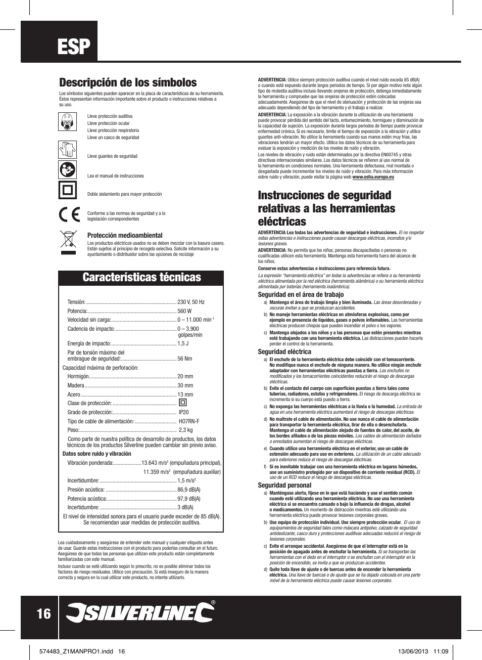 Descripción de los símbolos, Características técnicas | Silverline SDS Plus Hammer Drill 560W User Manual | Page 17 / 28