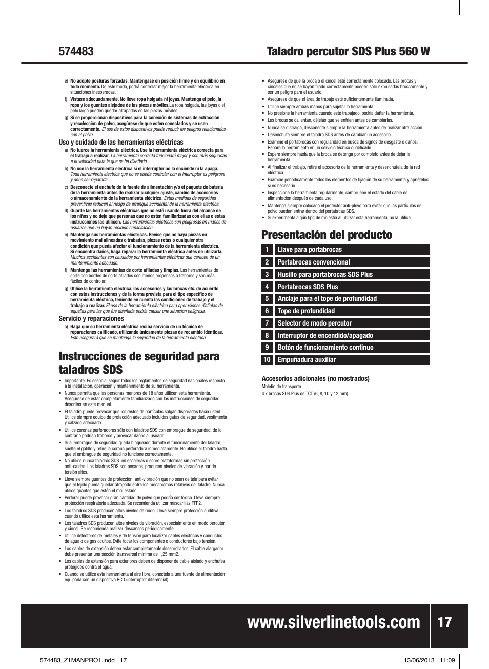 Instrucciones de seguridad para taladros sds, Presentación del producto | Silverline SDS Plus Hammer Drill 560W User Manual | Page 18 / 28