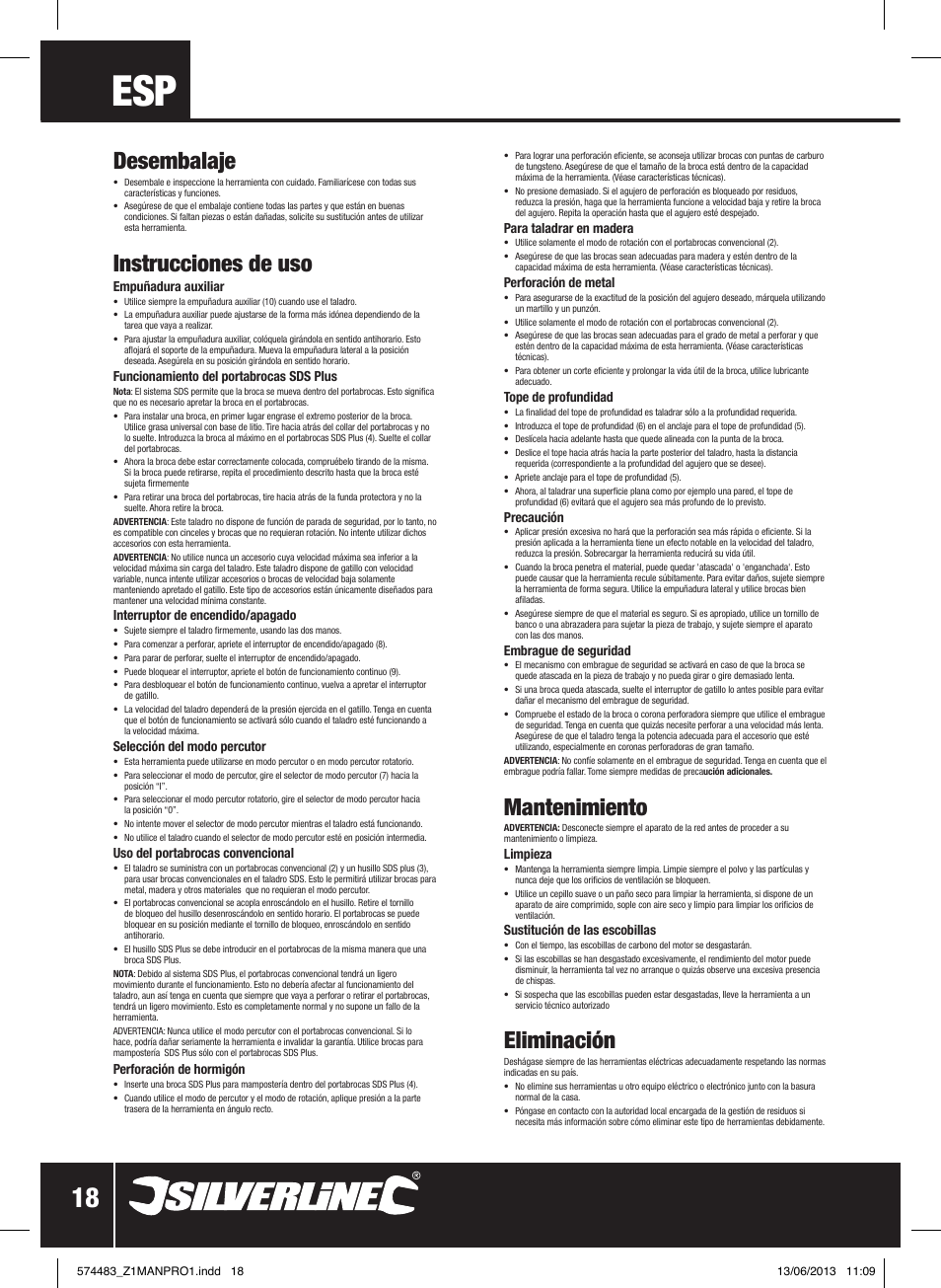 Desembalaje, Instrucciones de uso, Mantenimiento | Eliminación | Silverline SDS Plus Hammer Drill 560W User Manual | Page 19 / 28