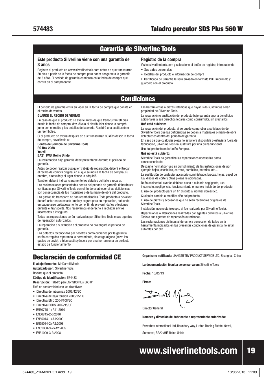 Declaración de conformidad ce | Silverline SDS Plus Hammer Drill 560W User Manual | Page 20 / 28
