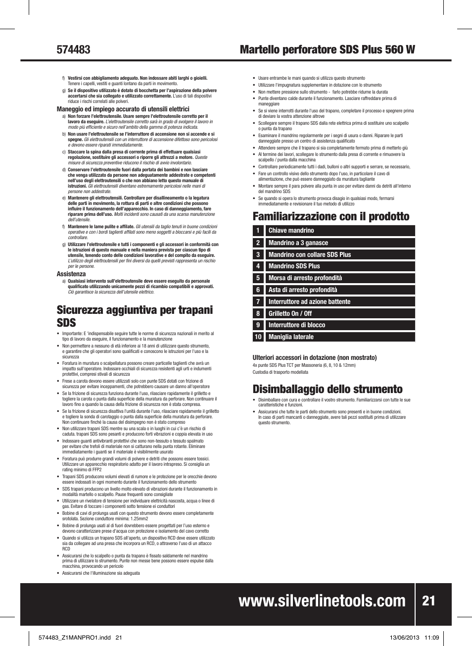 Sicurezza aggiuntiva per trapani sds, Familiarizzazione con il prodotto, Disimballaggio dello strumento | Silverline SDS Plus Hammer Drill 560W User Manual | Page 22 / 28