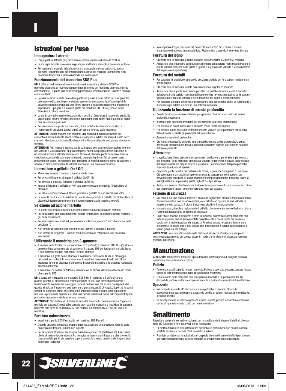 Istruzioni per l'uso, Manutenzione, Smaltimento | Silverline SDS Plus Hammer Drill 560W User Manual | Page 23 / 28