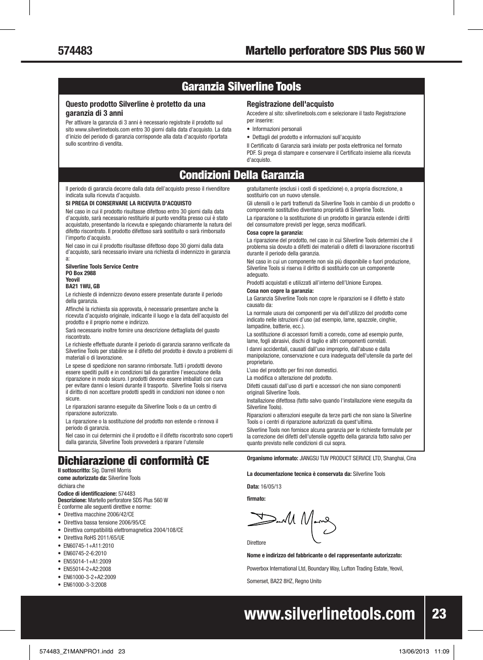 Dichiarazione di conformità ce | Silverline SDS Plus Hammer Drill 560W User Manual | Page 24 / 28