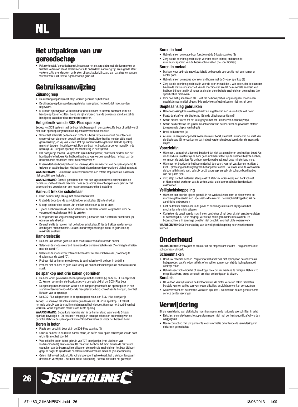 Onderhoud, Verwijdering, Het uitpakken van uw gereedschap | Gebruiksaanwijzing | Silverline SDS Plus Hammer Drill 560W User Manual | Page 27 / 28