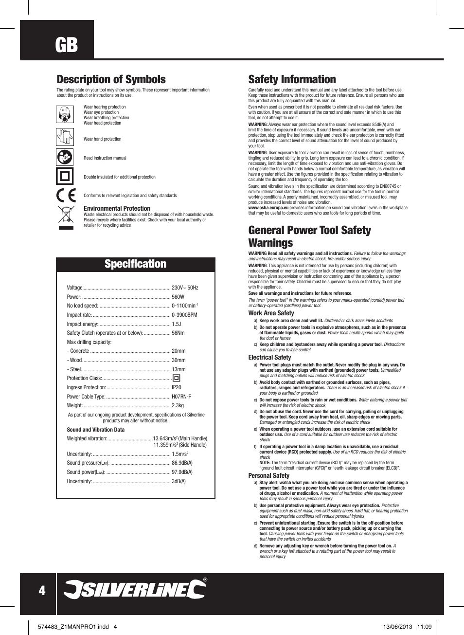 Safety information, General power tool safety warnings, Description of symbols | Specification | Silverline SDS Plus Hammer Drill 560W User Manual | Page 5 / 28