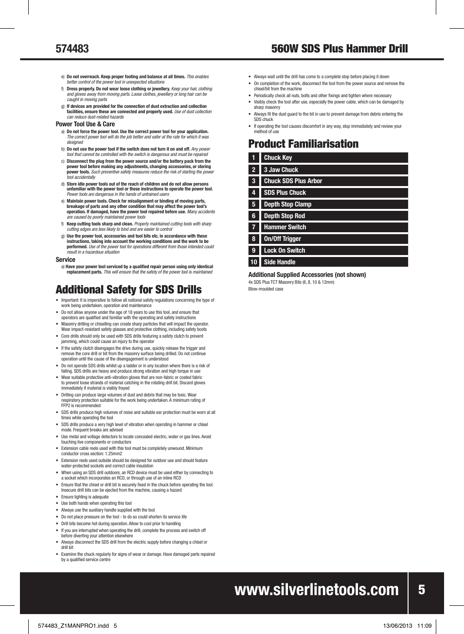 Additional safety for sds drills, Product familiarisation | Silverline SDS Plus Hammer Drill 560W User Manual | Page 6 / 28