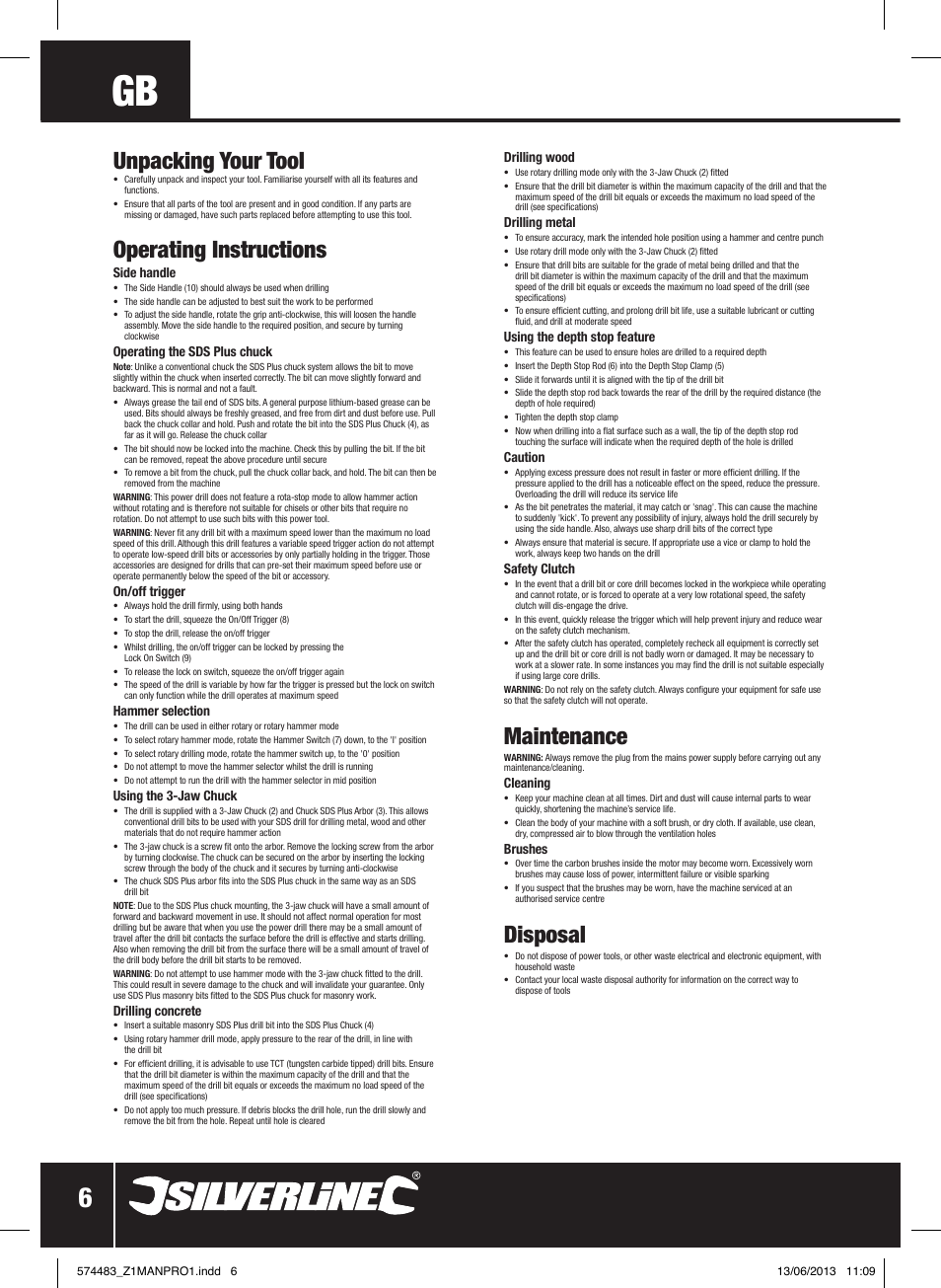 Unpacking your tool, Operating instructions, Maintenance | Disposal | Silverline SDS Plus Hammer Drill 560W User Manual | Page 7 / 28