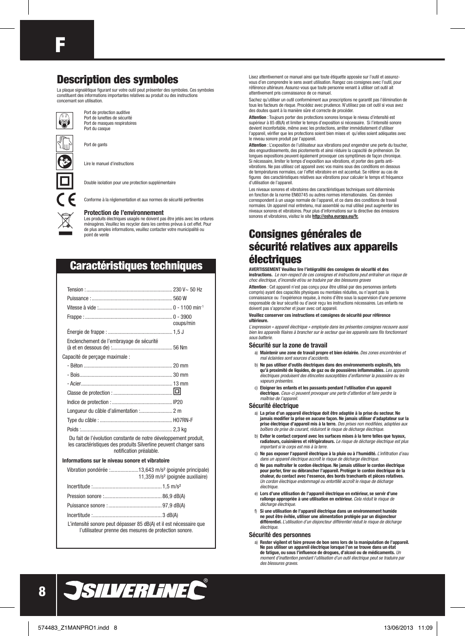 Description des symboles, Caractéristiques techniques | Silverline SDS Plus Hammer Drill 560W User Manual | Page 9 / 28