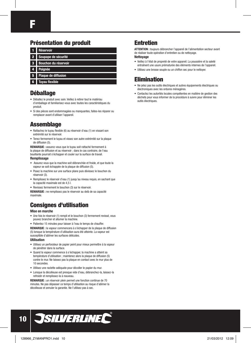 Déballage, Assemblage, Consignes d'utilisation | Entretien, Elimination, Présentation du produit | Silverline 2200W Steam Wallpaper Stripper User Manual | Page 11 / 28