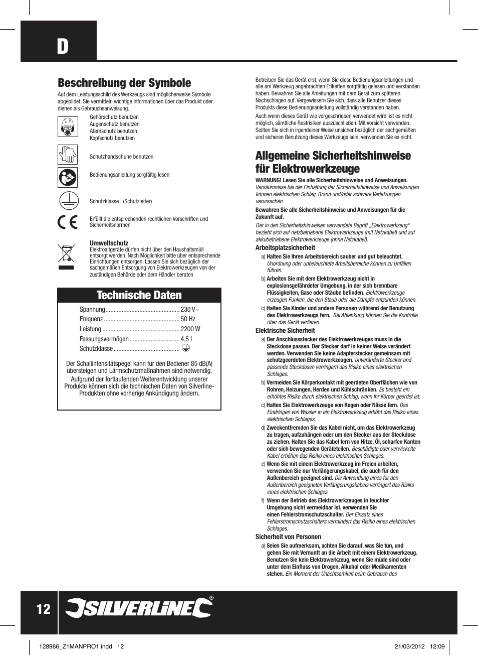 Technische daten, Beschreibung der symbole | Silverline 2200W Steam Wallpaper Stripper User Manual | Page 13 / 28