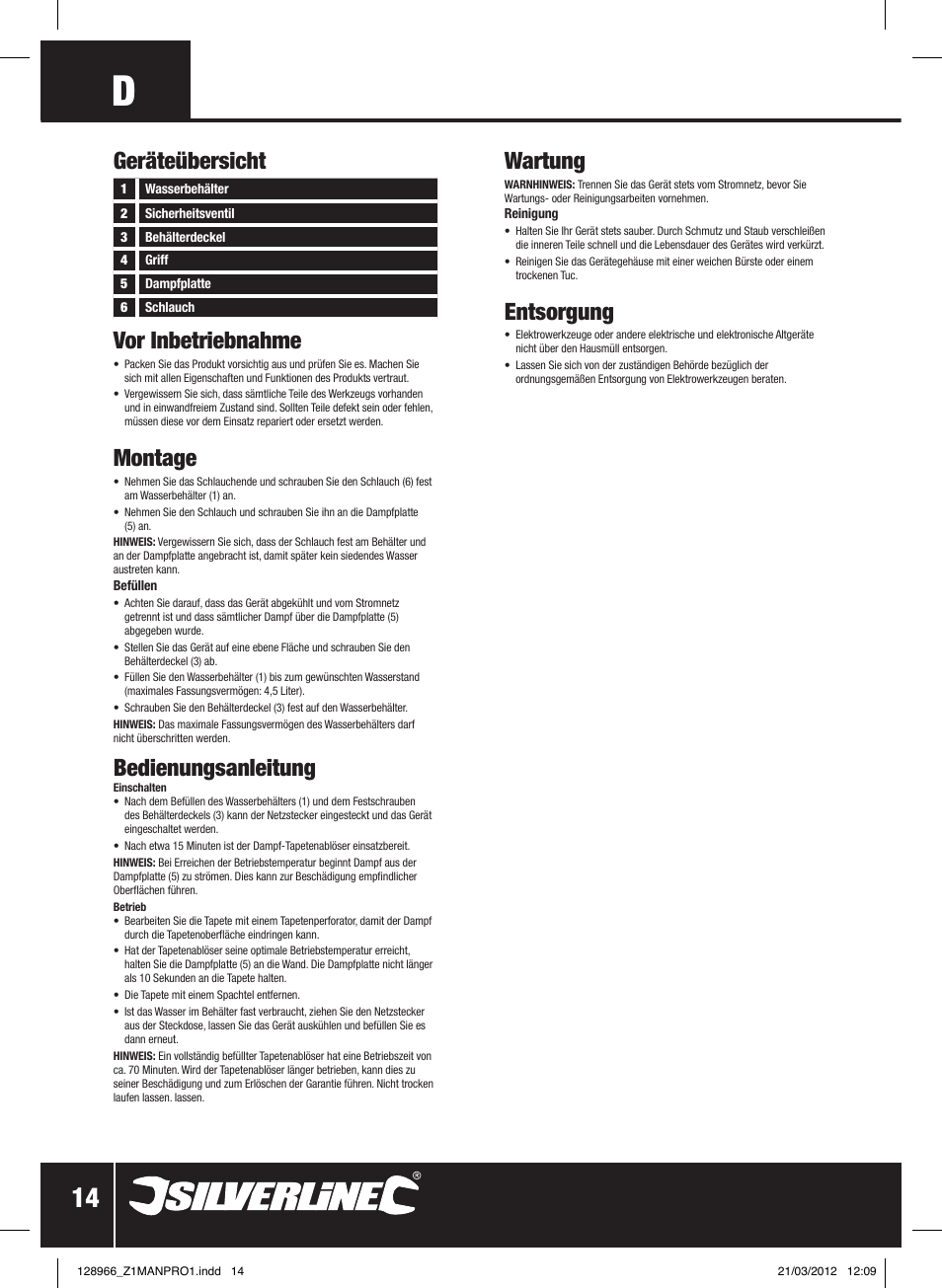 Vor inbetriebnahme, Montage, Bedienungsanleitung | Wartung, Entsorgung, Geräteübersicht | Silverline 2200W Steam Wallpaper Stripper User Manual | Page 15 / 28