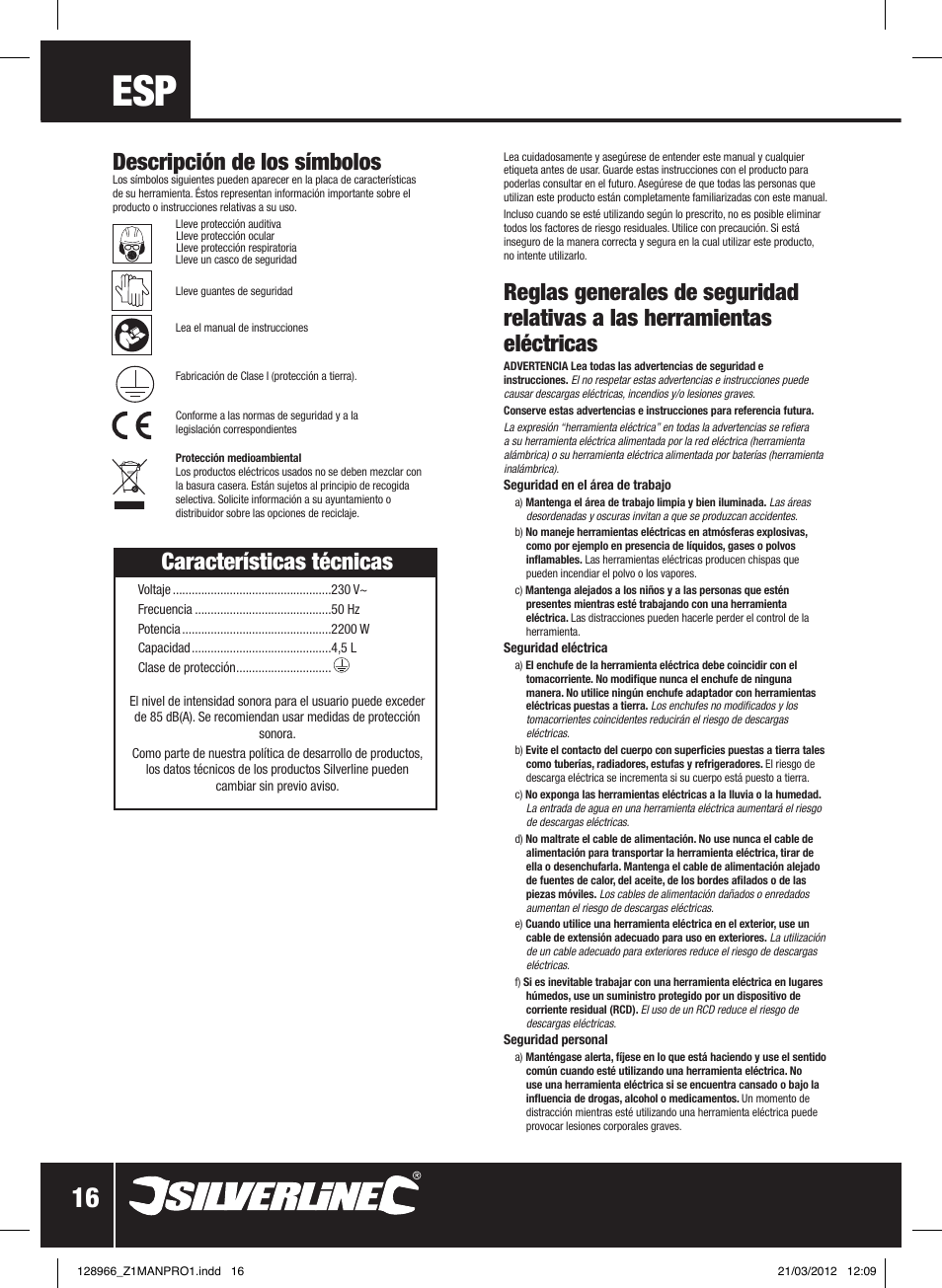 Características técnicas, Descripción de los símbolos | Silverline 2200W Steam Wallpaper Stripper User Manual | Page 17 / 28