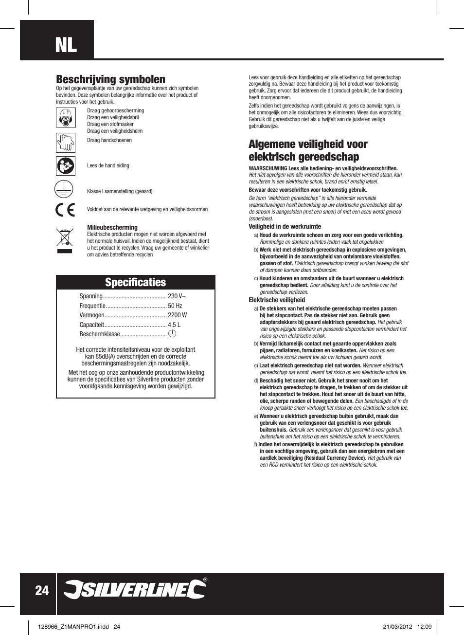 Specificaties, Algemene veiligheid voor elektrisch gereedschap, Beschrijving symbolen | Silverline 2200W Steam Wallpaper Stripper User Manual | Page 25 / 28