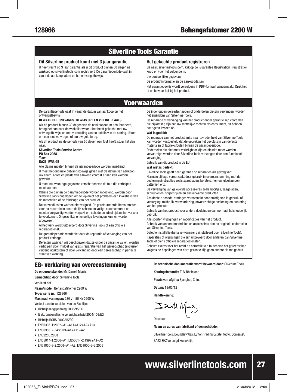 Voorwaarden silverline tools garantie, Eg- verklaring van overeenstemming | Silverline 2200W Steam Wallpaper Stripper User Manual | Page 28 / 28