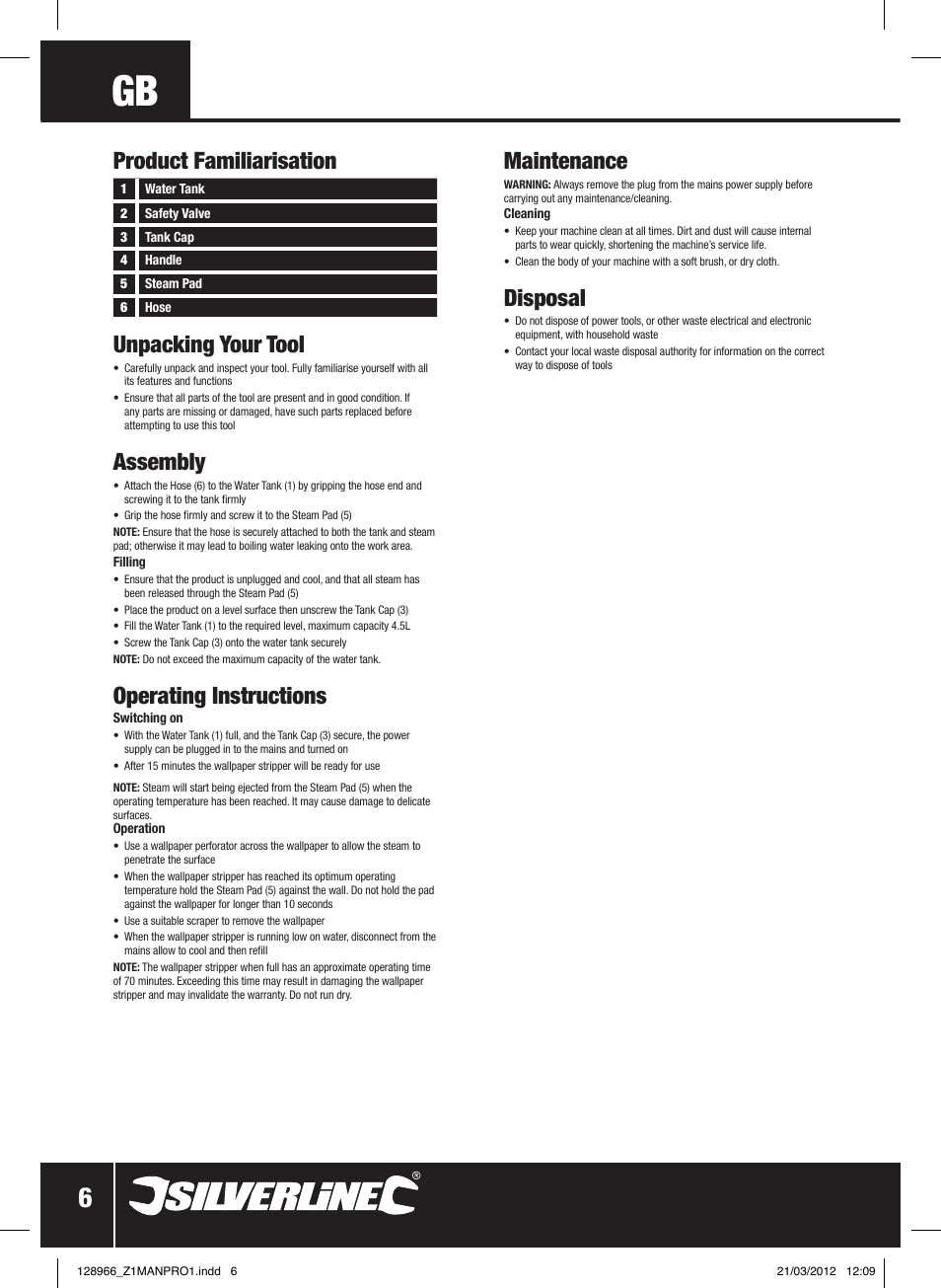 Unpacking your tool, Assembly, Operating instructions | Maintenance, Disposal, Product familiarisation | Silverline 2200W Steam Wallpaper Stripper User Manual | Page 7 / 28