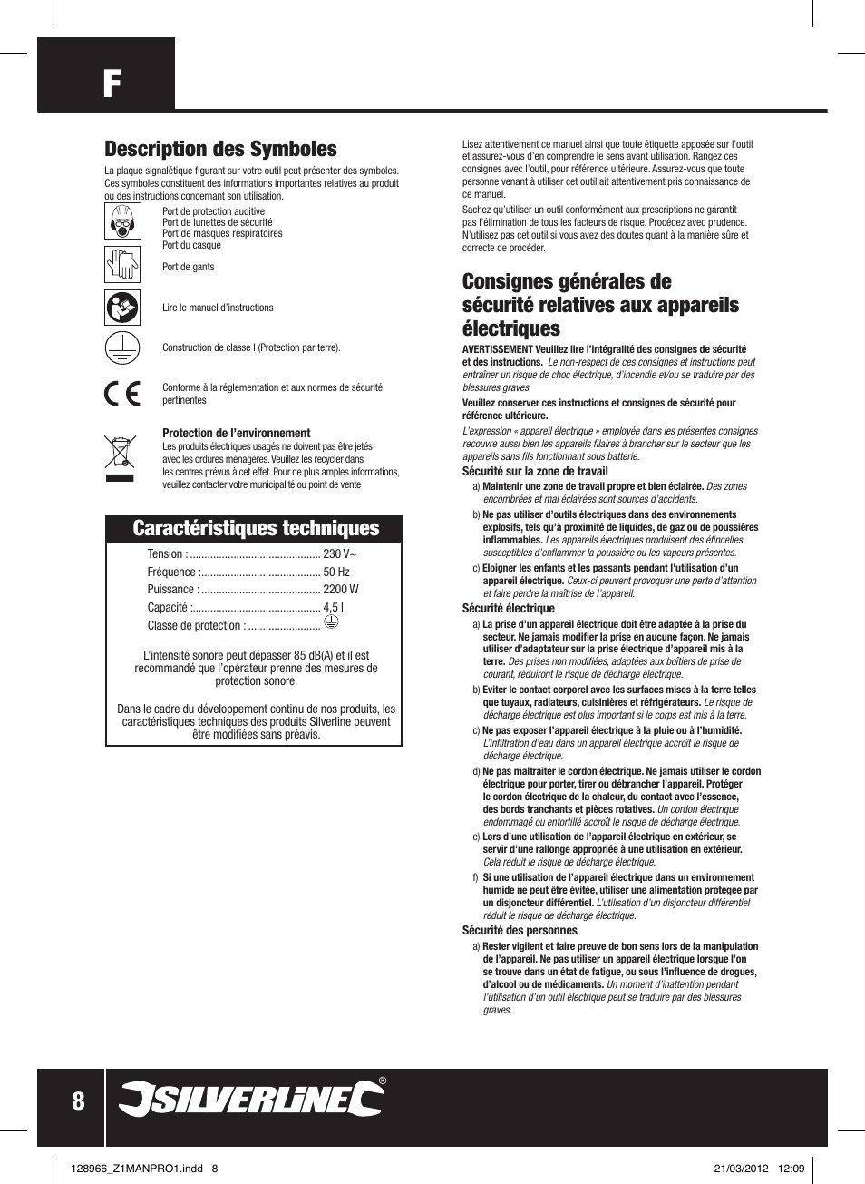 Caractéristiques techniques, Description des symboles | Silverline 2200W Steam Wallpaper Stripper User Manual | Page 9 / 28