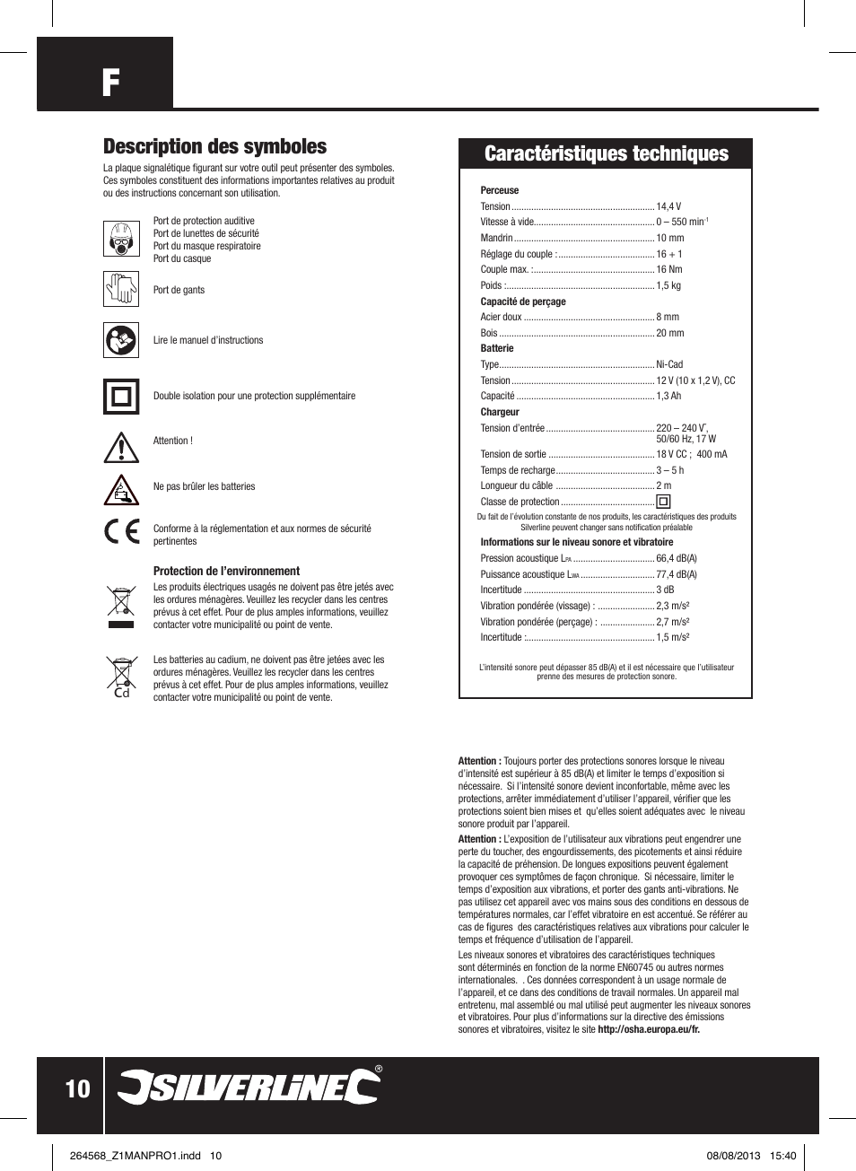 Description des symboles, Caractéristiques techniques | Silverline Drill Driver 14.4V User Manual | Page 11 / 40