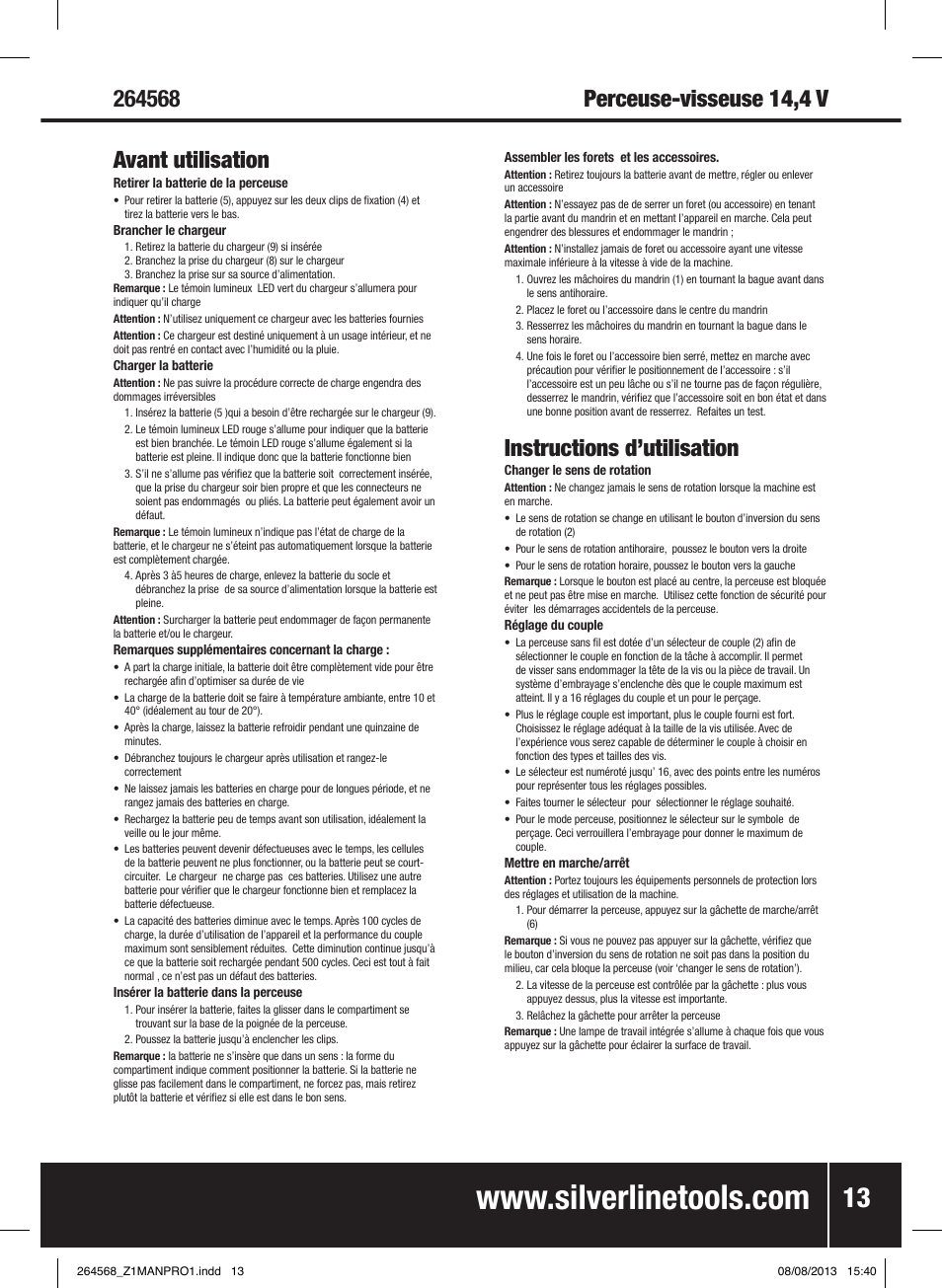 Instructions d’utilisation | Silverline Drill Driver 14.4V User Manual | Page 14 / 40