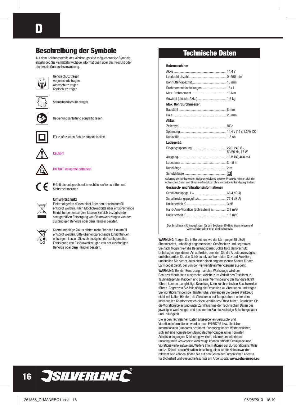Beschreibung der symbole, Technische daten | Silverline Drill Driver 14.4V User Manual | Page 17 / 40