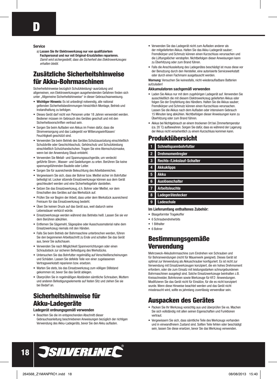 Bestimmungsgemäße verwendung, Auspacken des gerätes, Produktübersicht | Sicherheitshinweise für akku-ladegeräte | Silverline Drill Driver 14.4V User Manual | Page 19 / 40