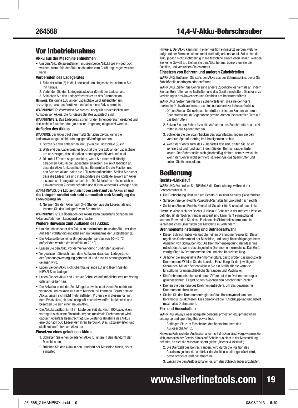 Bedienung | Silverline Drill Driver 14.4V User Manual | Page 20 / 40