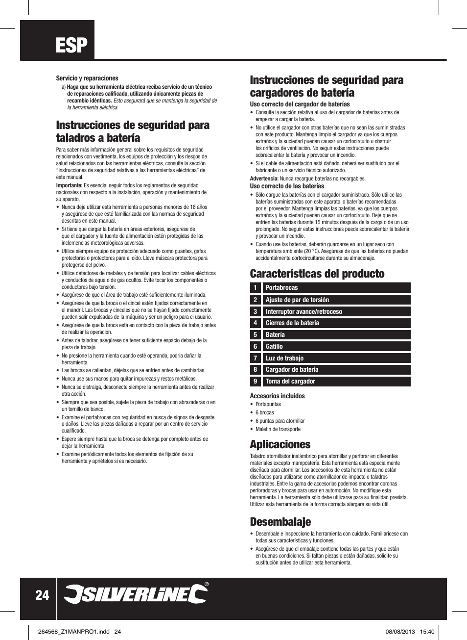 Aplicaciones, Desembalaje, Características del producto | Instrucciones de seguridad para taladros a batería | Silverline Drill Driver 14.4V User Manual | Page 25 / 40