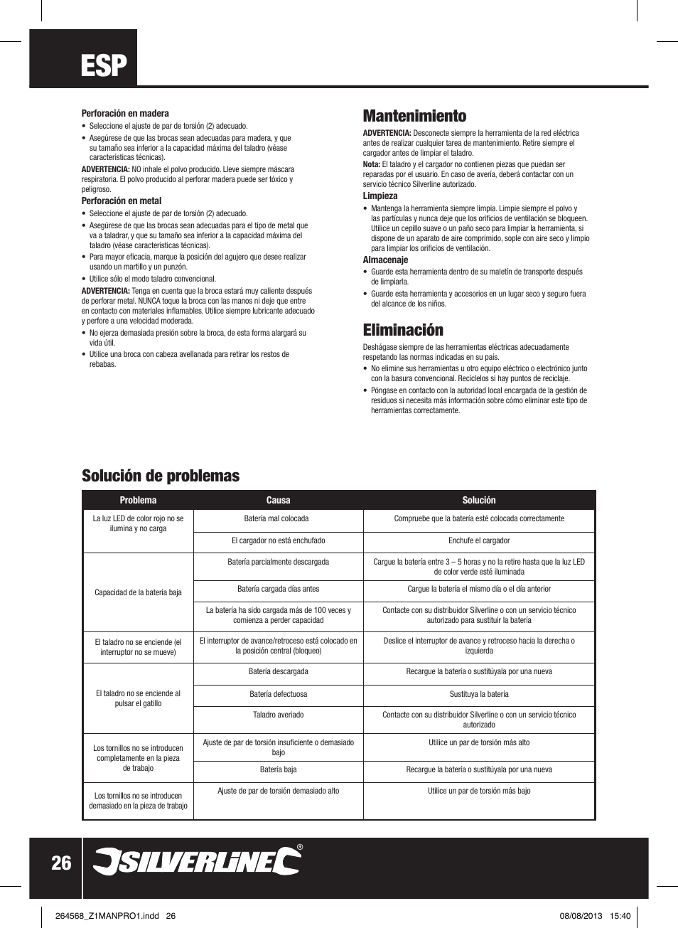 Mantenimiento, Eliminación, Solución de problemas | Silverline Drill Driver 14.4V User Manual | Page 27 / 40