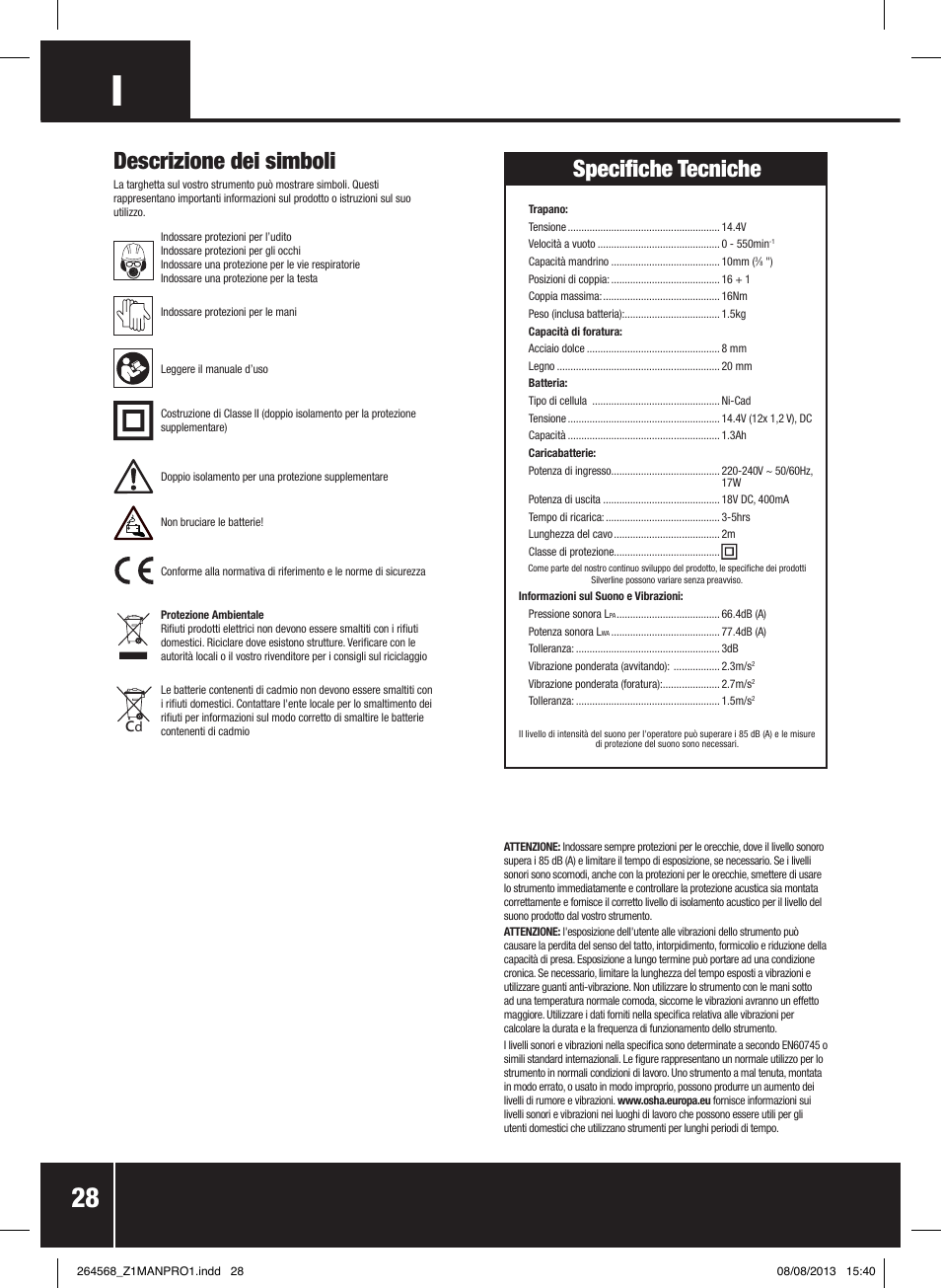 Descrizione dei simboli, Specifiche tecniche | Silverline Drill Driver 14.4V User Manual | Page 29 / 40