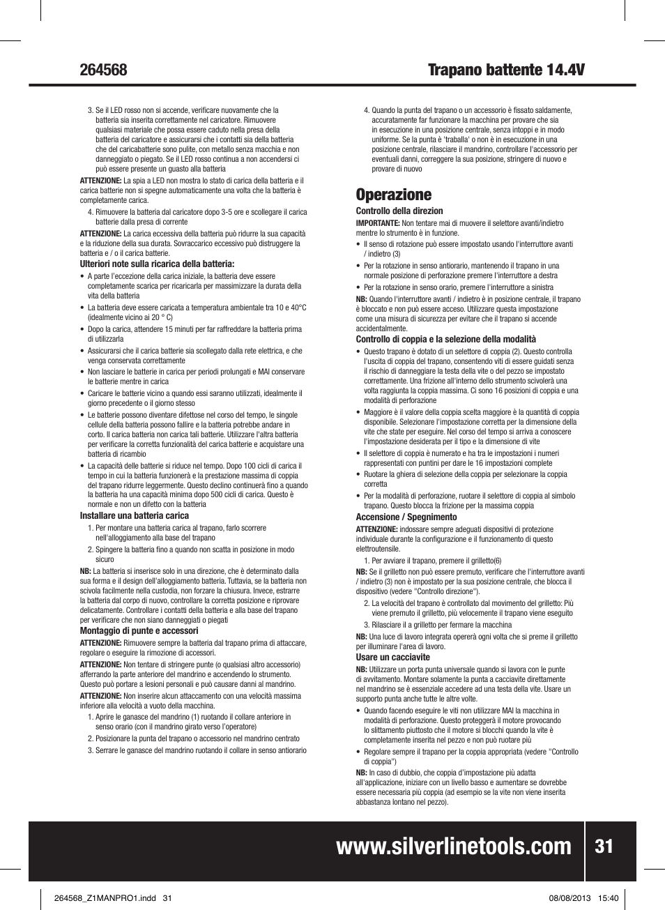 Operazione | Silverline Drill Driver 14.4V User Manual | Page 32 / 40