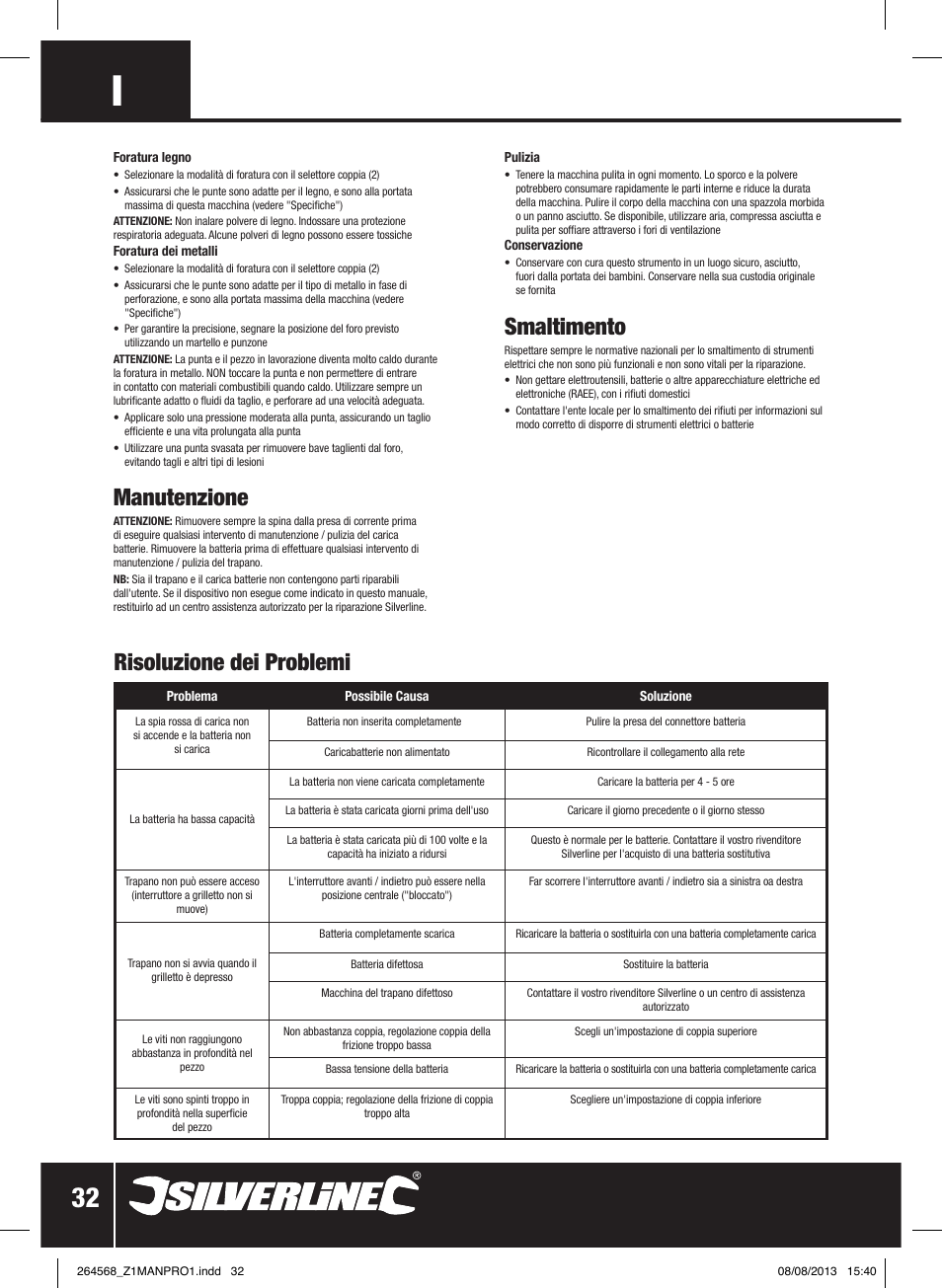 Manutenzione, Smaltimento, Risoluzione dei problemi | Silverline Drill Driver 14.4V User Manual | Page 33 / 40