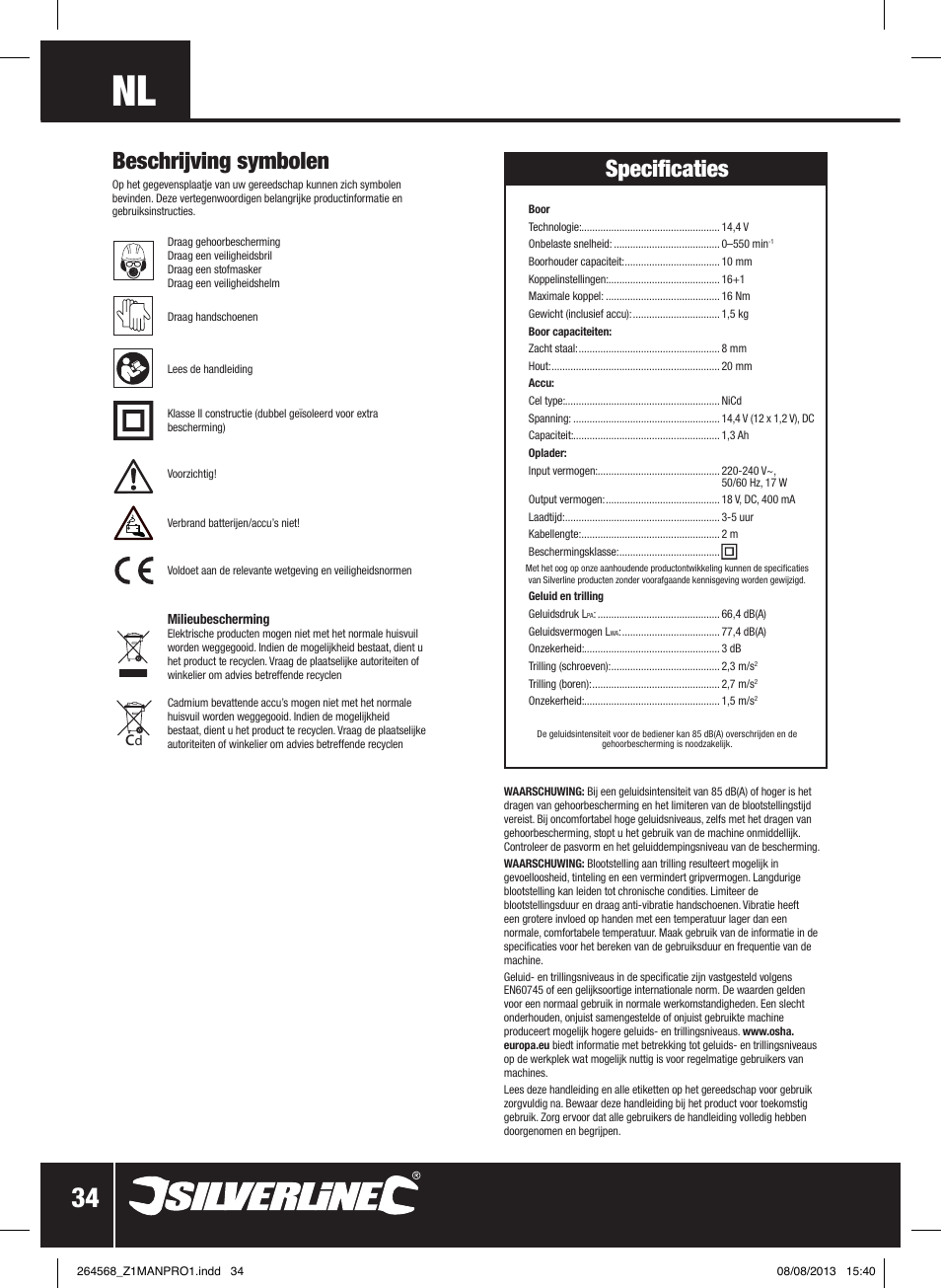 Beschrijving symbolen, Specificaties | Silverline Drill Driver 14.4V User Manual | Page 35 / 40