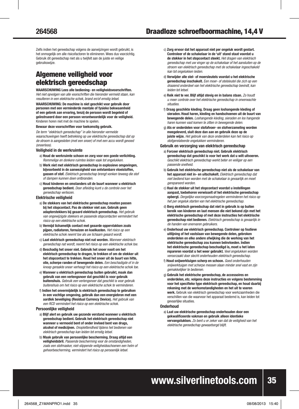 Algemene veiligheid voor elektrisch gereedschap | Silverline Drill Driver 14.4V User Manual | Page 36 / 40
