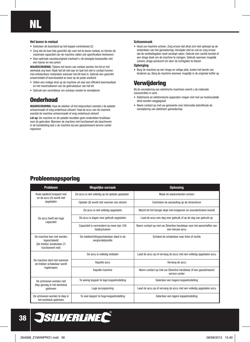 Onderhoud, Verwijdering, Probleemopsporing | Silverline Drill Driver 14.4V User Manual | Page 39 / 40