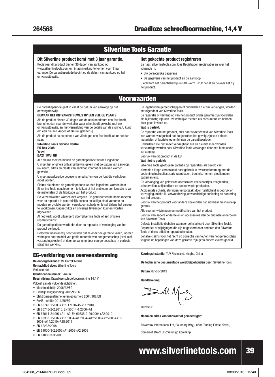 Voorwaarden silverline tools garantie, Eg-verklaring van overeenstemming | Silverline Drill Driver 14.4V User Manual | Page 40 / 40