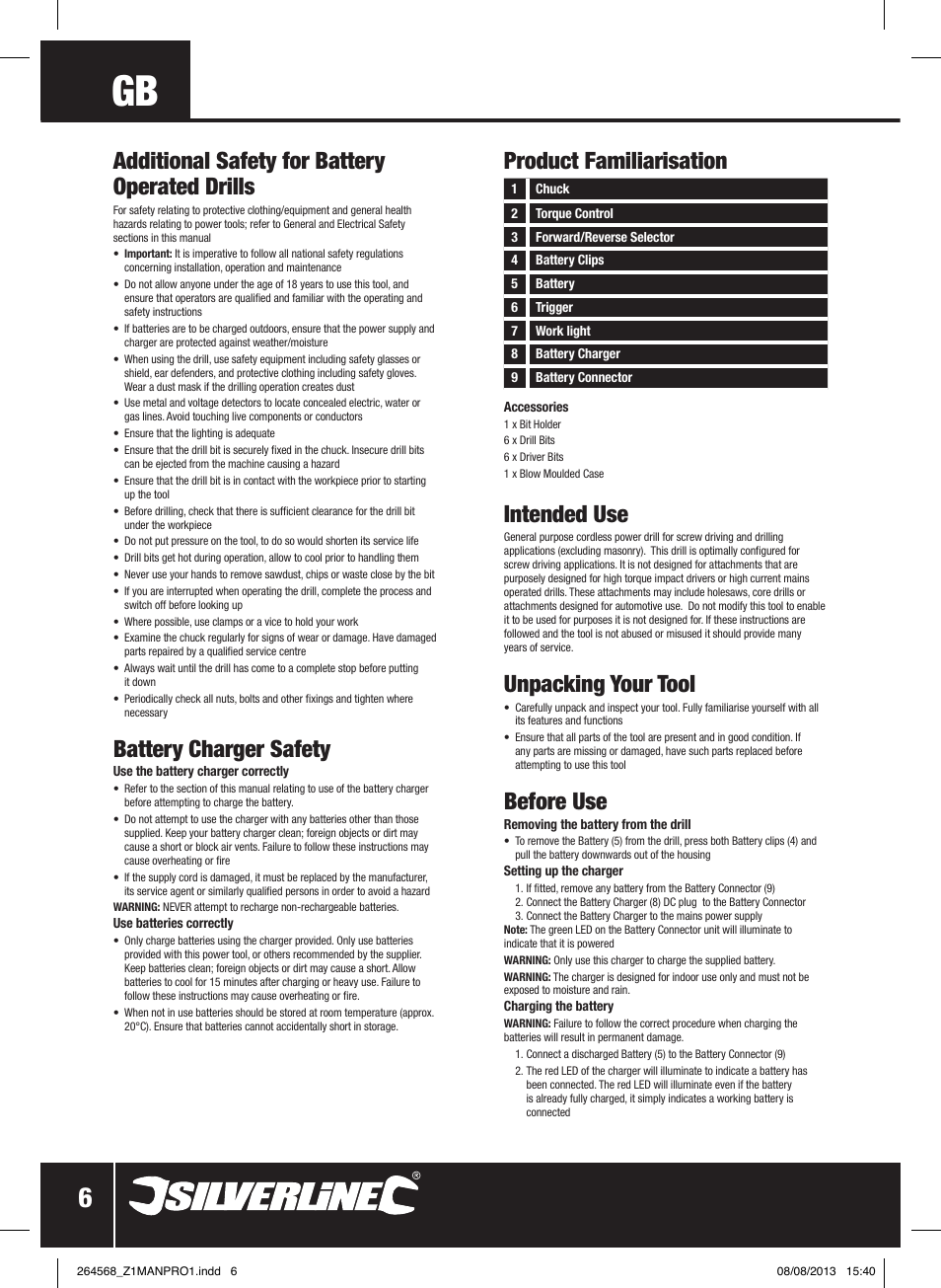 Intended use, Unpacking your tool, Before use | Battery charger safety | Silverline Drill Driver 14.4V User Manual | Page 7 / 40