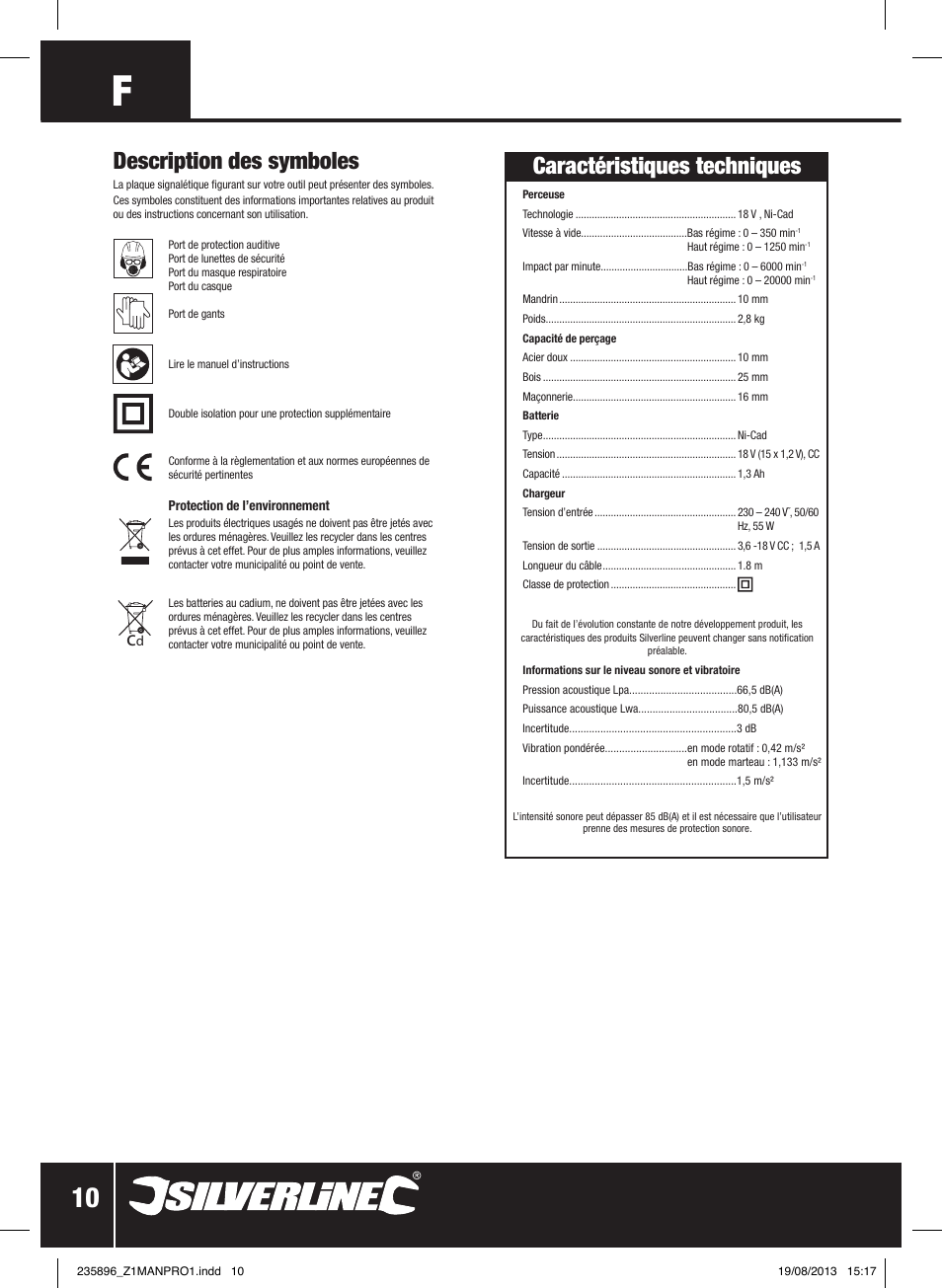 Description des symboles, Caractéristiques techniques | Silverline Combi Hammer Drill 18V User Manual | Page 11 / 40